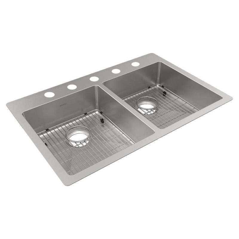 Ectsrad33226tbg5 Crosstown Stainless Steel Drop In Undermount Double Bowl Kitchen Sink - 33" X 22" X 6" 5 Holes Withtwo Bottom Grid - Stainless Steel