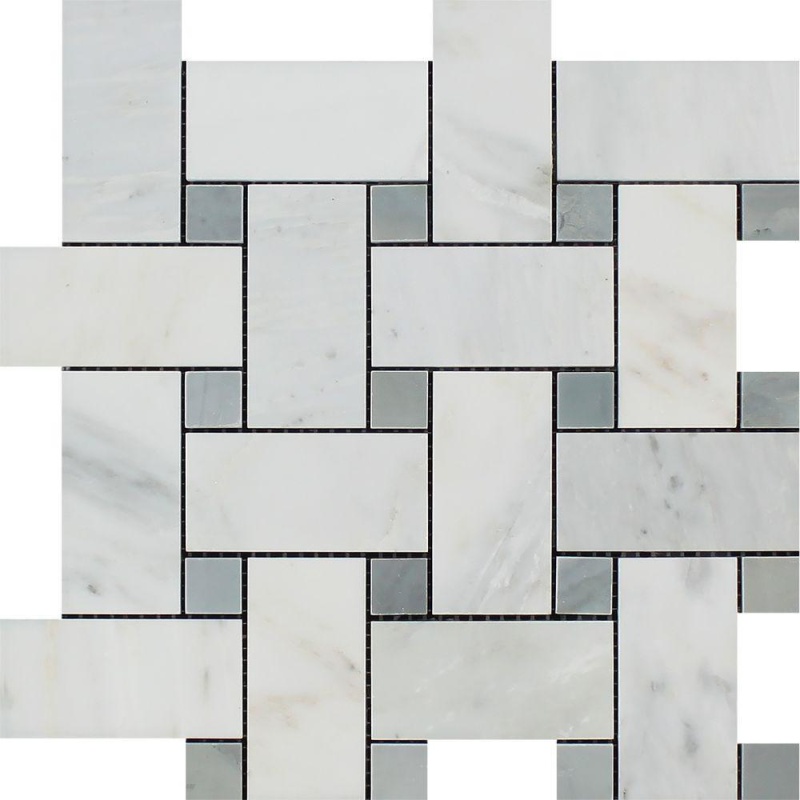 Oriental White Marble Mosaic - Large Basket Weave With Blue/Gray Dots