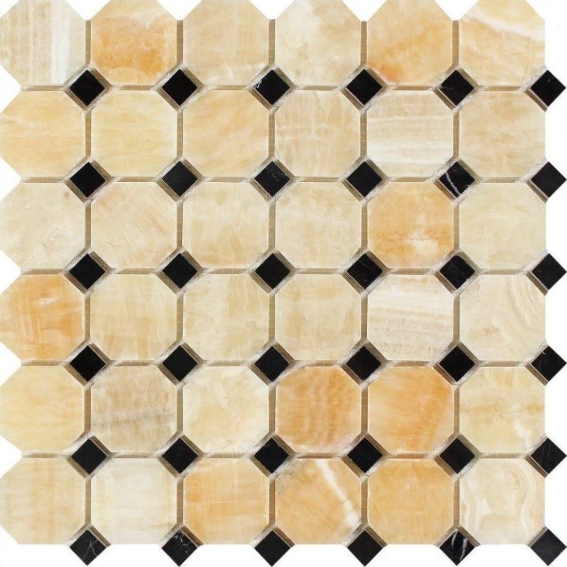 Honey Onyx Mosaic - Octagon With Black Dots - Polished