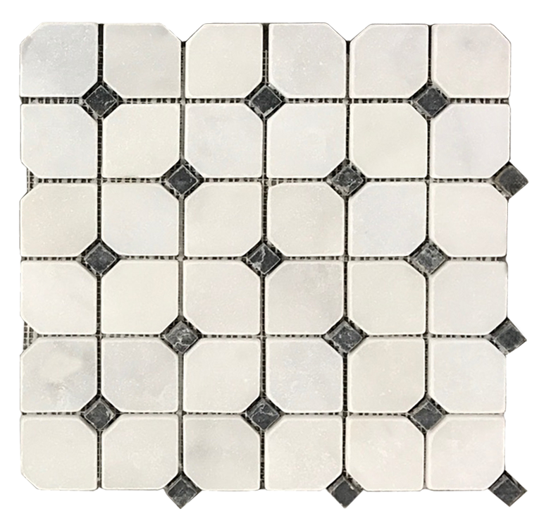 Carrara Venatino Marble Mosaic - Octagon With Black Dots