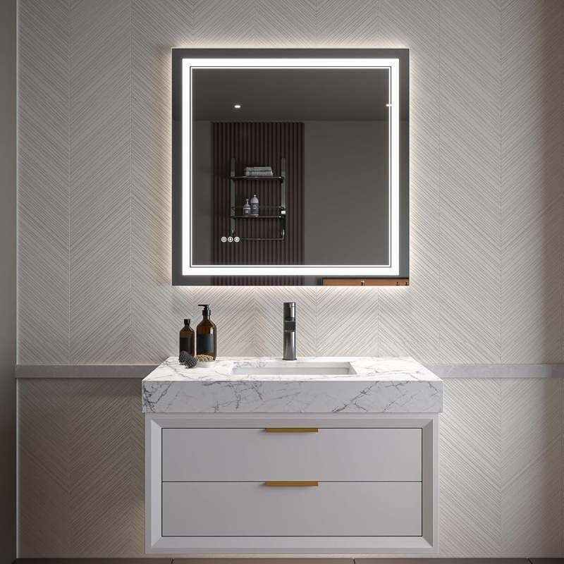 Clear Glass Wall Led Bathroom Mirror - 36" X 36" - Clear