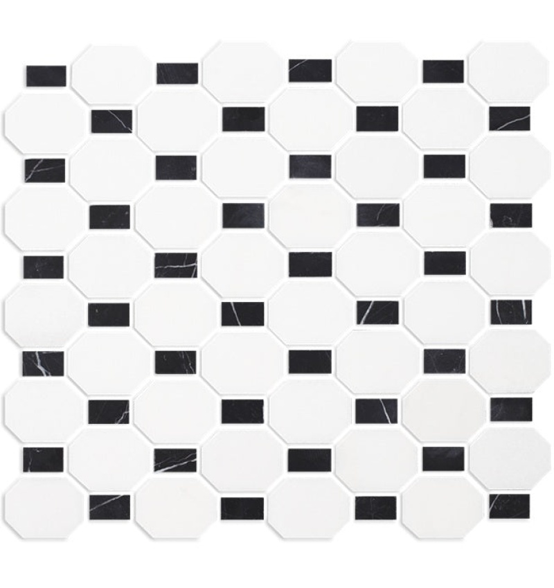 Metro Blend Thassos Nero Dot Natural Stone Mosaic - Octagon - Honed