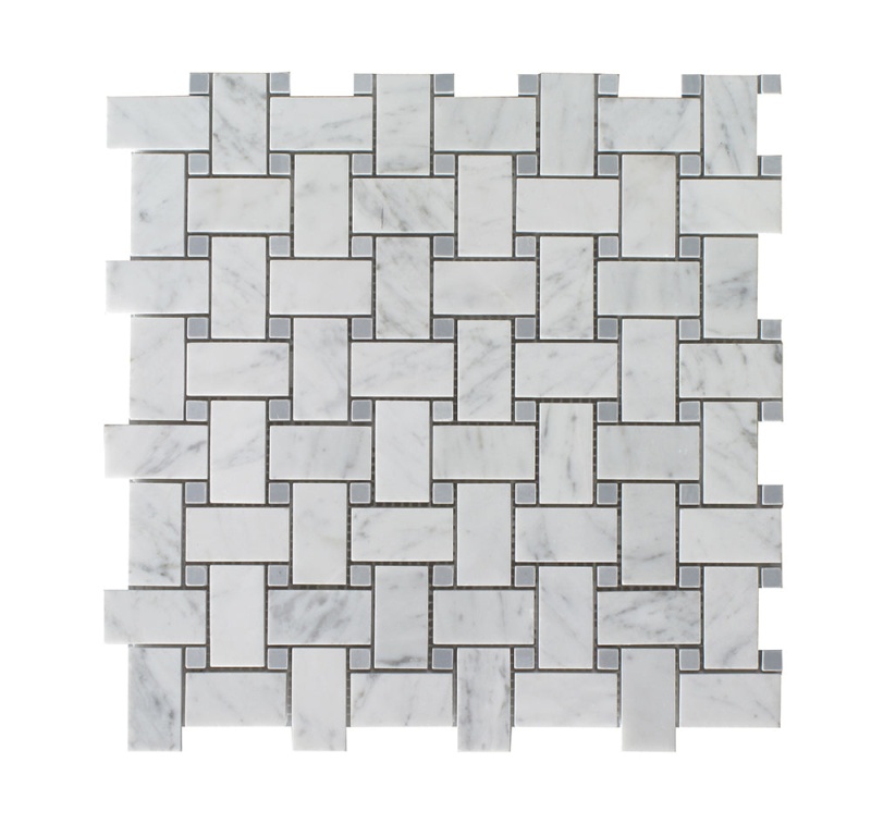 White Carrara Marble Mosaic - 1" x 2" Basket Weave with Bardiglio Dots