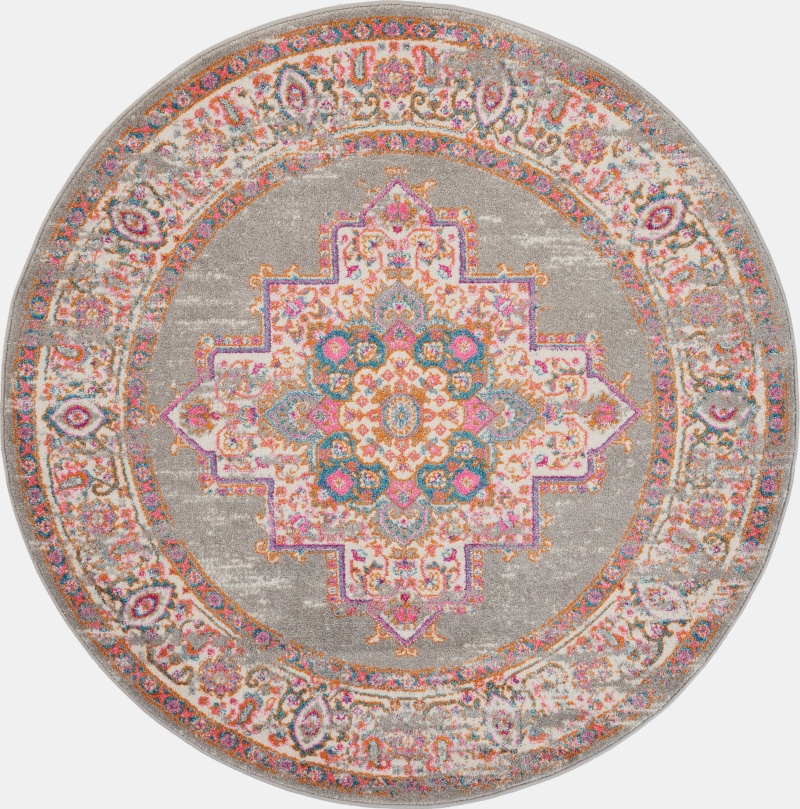 Grey Polypropylene Bohemian Area Rug, 5 Ft Round