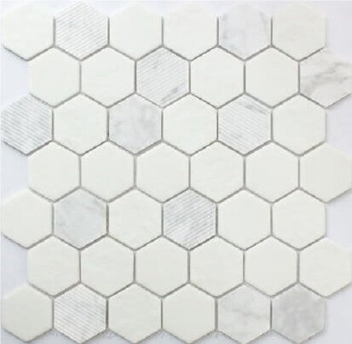Rock Art Carrara Stone & Glass Mosaic - Hexagon - Polished & Matte