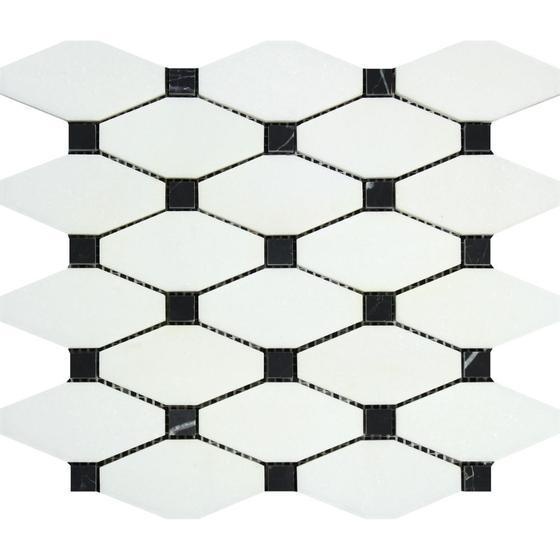 Thassos White Marble Mosaic - Elongated Octagon With Black Dots