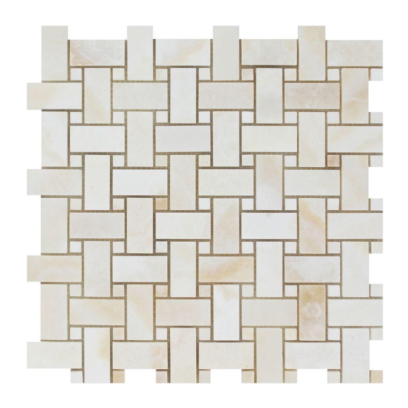 White Cross Cut Onyx Mosaic - Basket Weave With White Onyx Dots - Polished