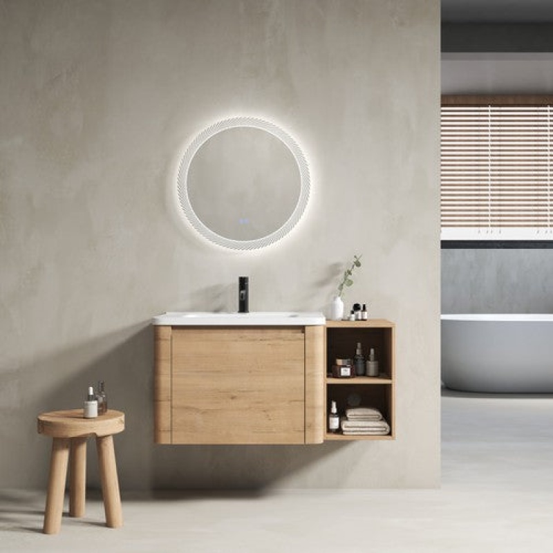 Imitative Oak Plywood Wall Mounted Single Sink Bathroom Vanity With Ceramic Top - 18.69" (Assembly Required) - Imitative Oak