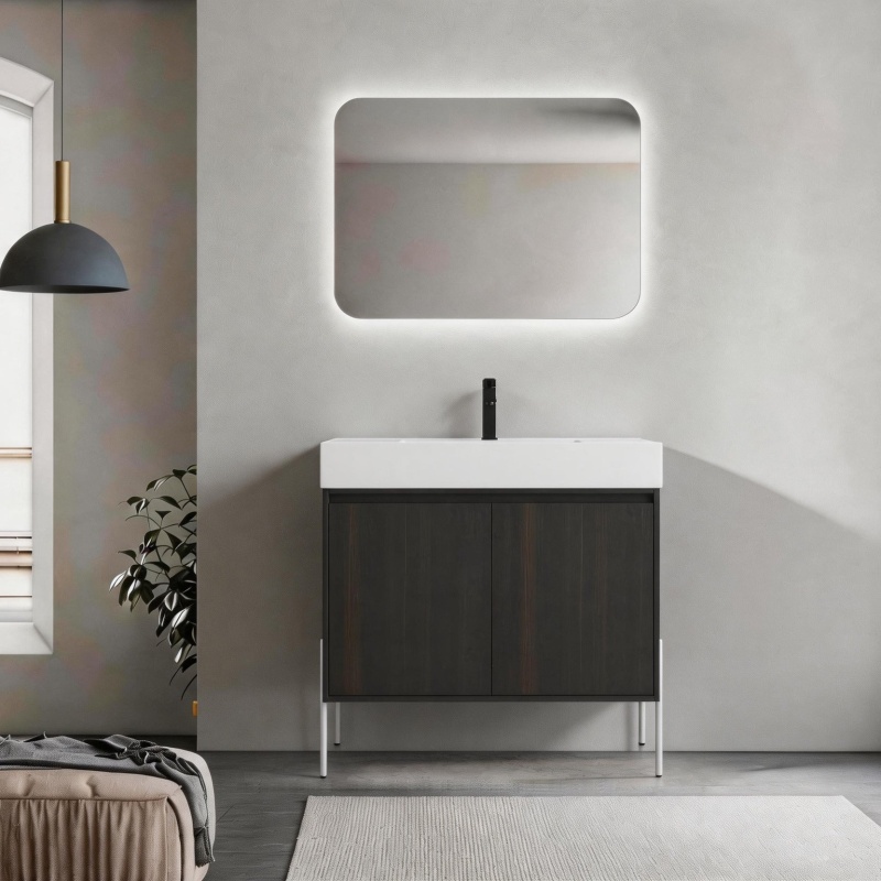Dark Oak Plywood Freestanding Single Sink Bathroom Vanity With Resin Top - 18.13" (Assembly Required) - Dark Oak