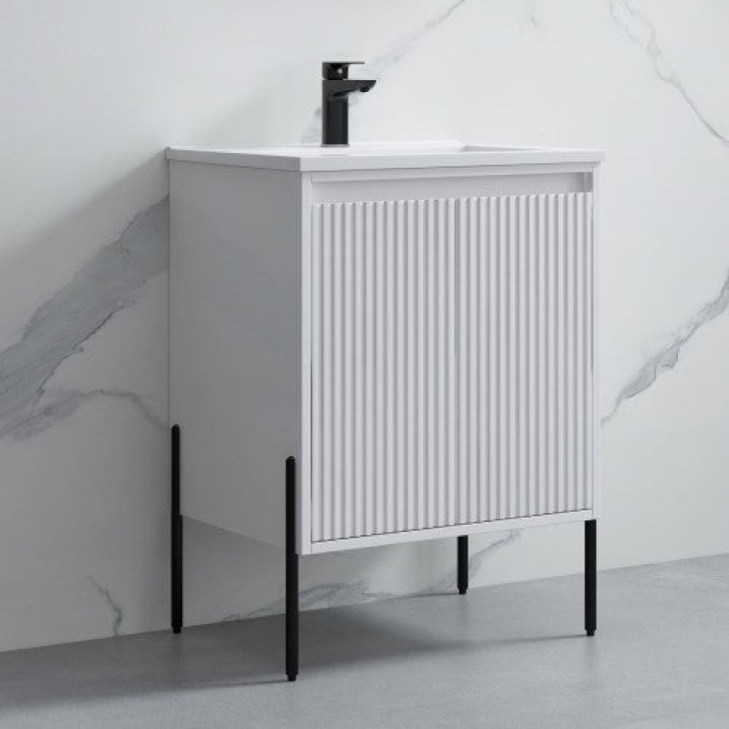 White Fluted Bathroom Vanity with Ceramic Top