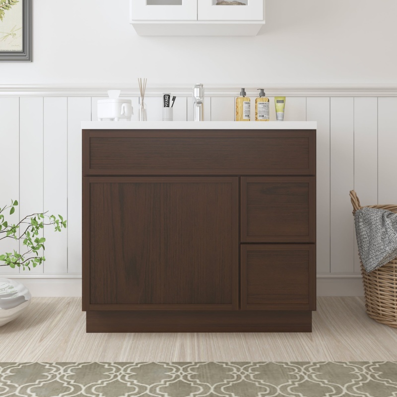 Cvj Brown Solid Wood Right Drawer Bathroom Cabinet - 36" X 21" X 32.5" - Brown