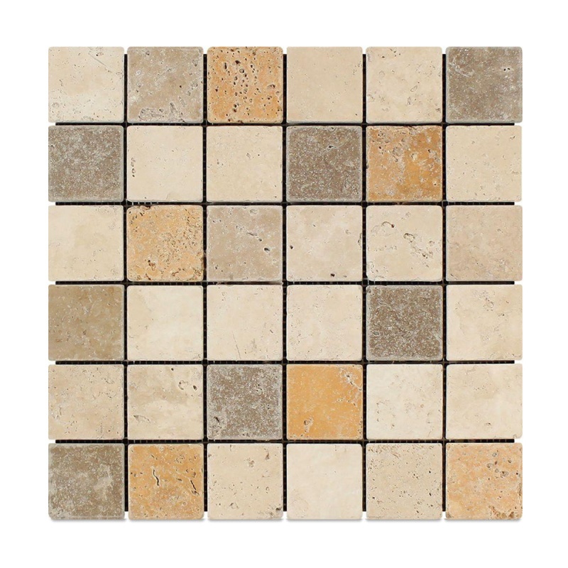 3 Color Mixed Travertine Mosaic - 2" x 2" - Tumbled
