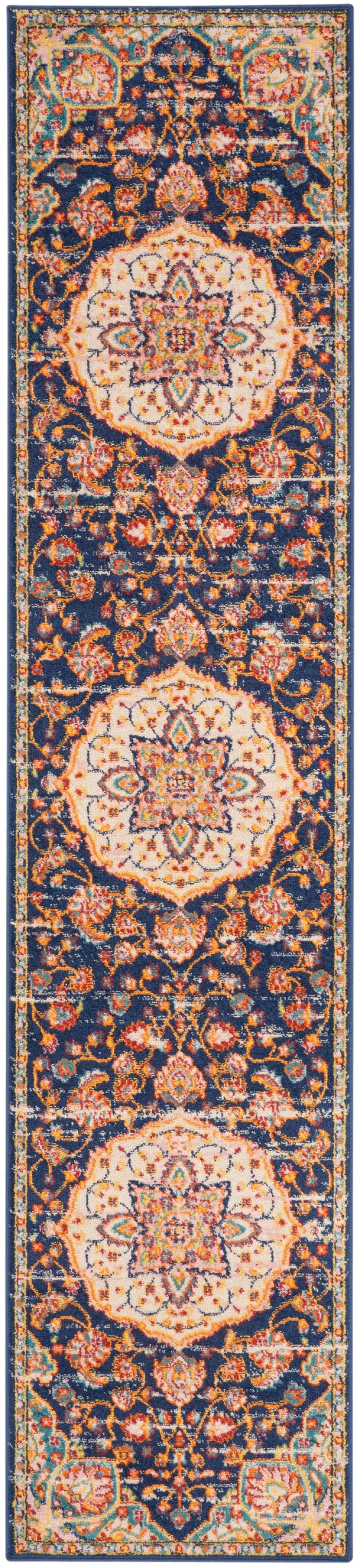 Navy Multicolor Polypropylene Transitional Area Rug – 10 Ft Runner