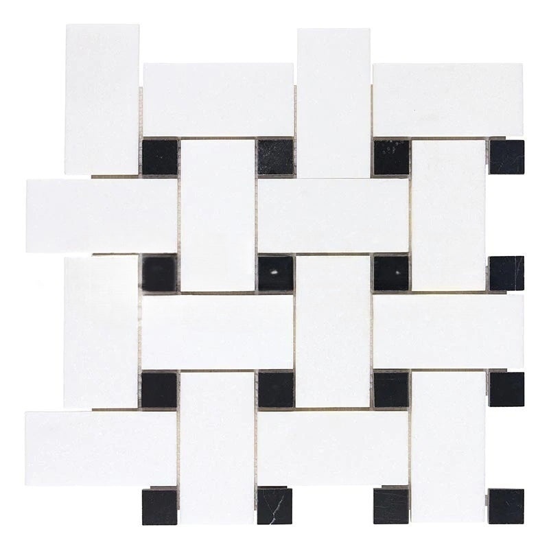 Thassos White Marble Mosaic - Large Basket Weave With Black Dots