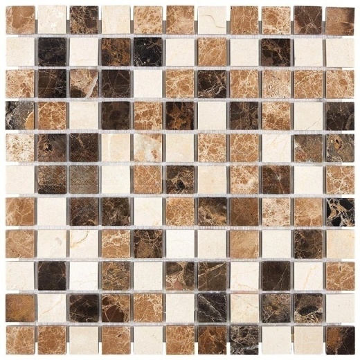 Crema Marfil Marble Mosaic - 1" x 1" with Emperador Light & Emperador Dark Polished, Per Box: 5 Sheet