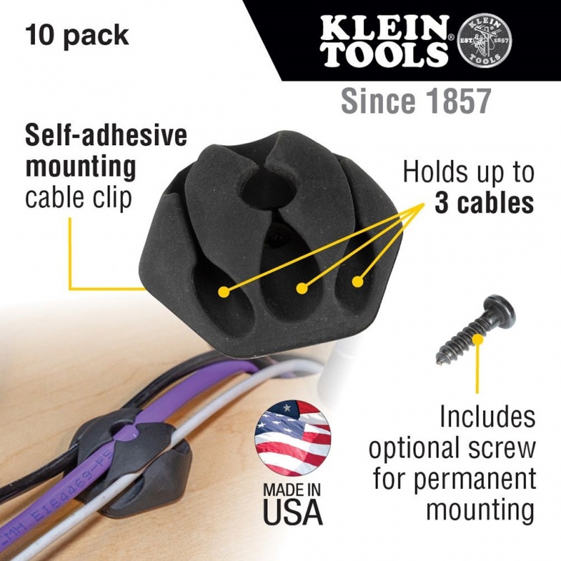 Klein Tools Self-Stick 3-Slot Cable Clips - 10Pc