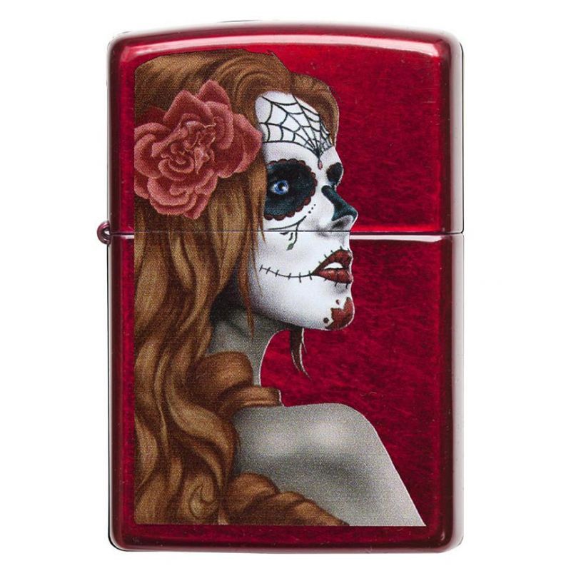 Zippo Windproof Lighter Day Of Dead Girl, Candy Apple Red Translucent Finish