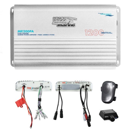 Boss Audio Marine 4 Channel Amplifier with Built-In PA System and Mic - 1200W Max