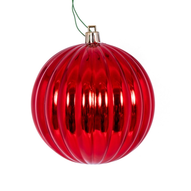 4" Red Shiny Lined Ball Ornament 6/Bg