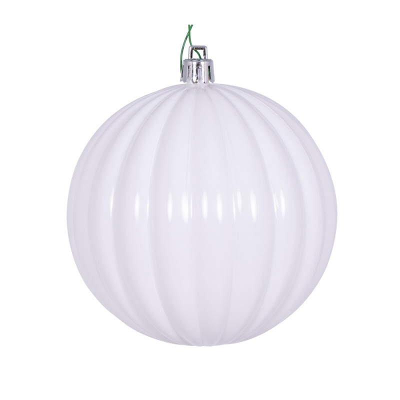 4" White Shiny Lined Ball Ornament 6/Bg