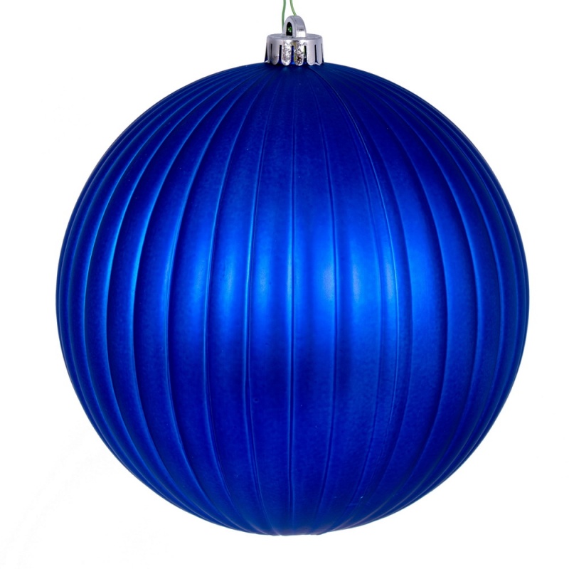 8" Blue Matte Lined Ball Ornament