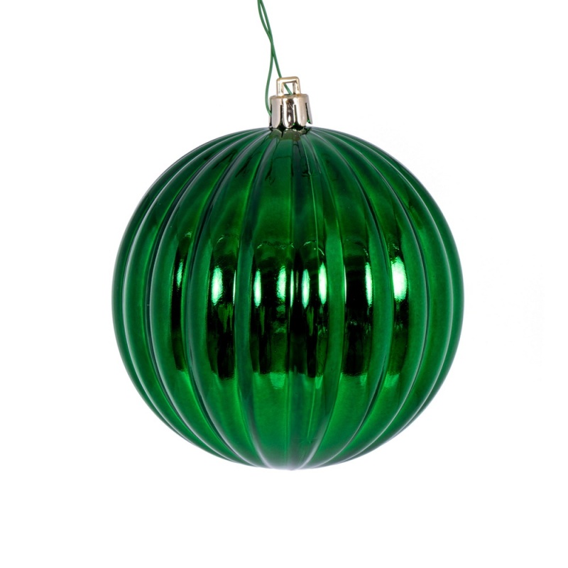 4" Green Shiny Lined Ball Ornament 6/Bg