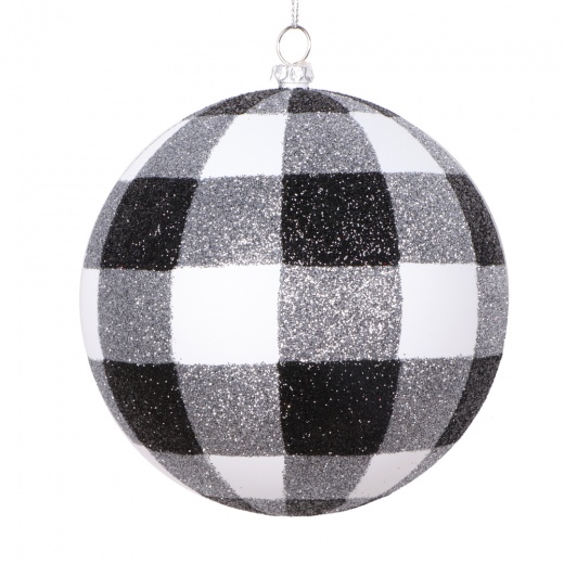4.7" White Black Plaid Glitter Ball Ornament