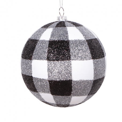 4" White Black Plaid Glitter Ball Ornament
