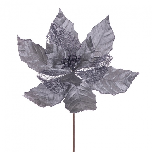 11" Pewter Glitter Mesh Poinsettia 6/Bg
