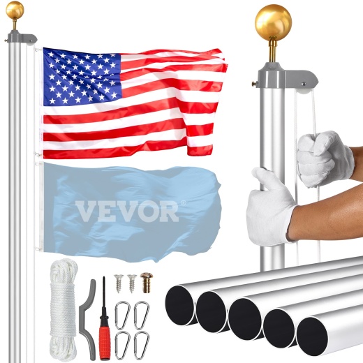 Vevor 25Ft Detachable Flagpole Kit - Heavy Duty Aluminum Flag Pole in American Silver