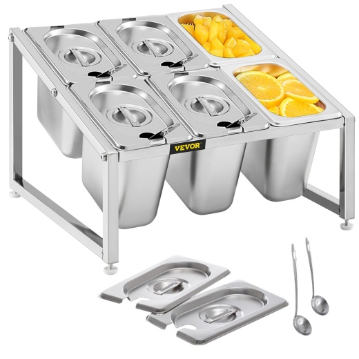 Vevor Expandable Spice Rack - 2-Tier Stainless Steel Organizer Shelf with 6 Food Pans and 6 Ladles
