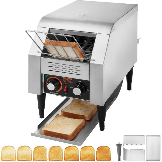 Vevor Commercial Conveyor Toaster, 150 Slices/Hour Conveyor Belt Toaster, Heavy Duty Stainless Steel Commercial Toaster Oven, Electric Restaurant Commercial Toaster for Toast Bun, Bagel, Bread