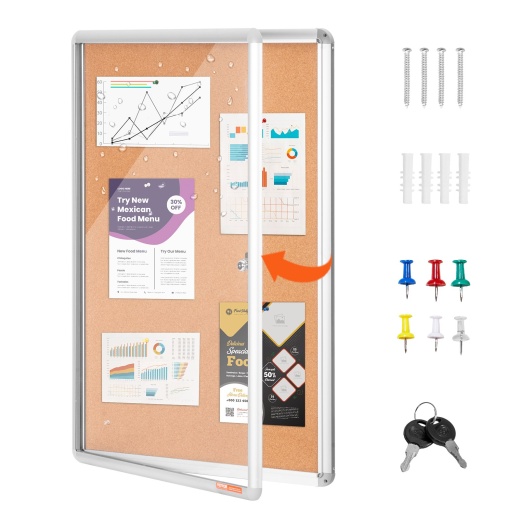 Vevor 36"X24" Enclosed Cork Board With Aluminum Frame – Lockable Bulletin Board With Acrylic Door & 2 Keys – Weather-Resistant Wall Display Case For School, Home, Office