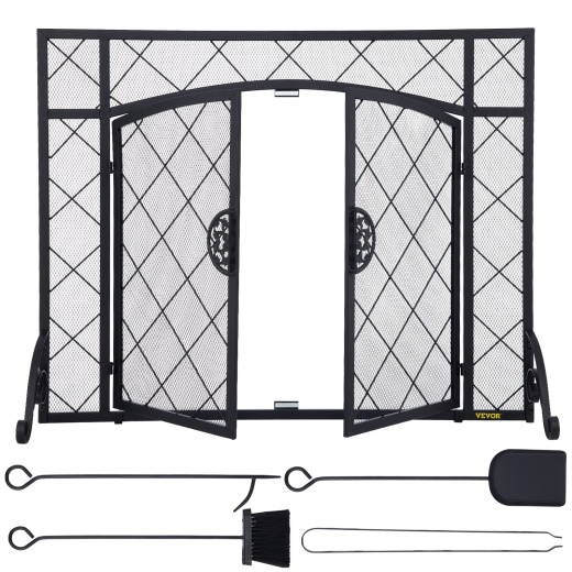 Vevor Fireplace Screen - Double Door Iron Freestanding Spark Guard (44 X 33 Inch)
