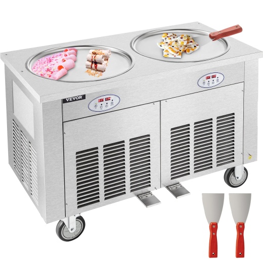 Vevor Commercial Rolled Ice Cream Machine - 1800W Stir-Fried Ice Roll Machine Double Pans