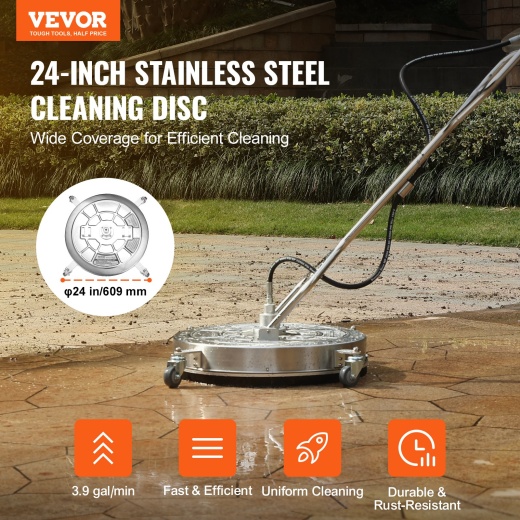 Vevor 24" Pressure Washer Surface Cleaner w/ Handles & Wheels, Stainless Steel Concrete Cleaner 4000 Max PSI