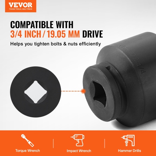Vevor Axle Nut Impact Socket Set 3/4" Drive 6-Point 8Pcs Sae Spindle Nut Socket