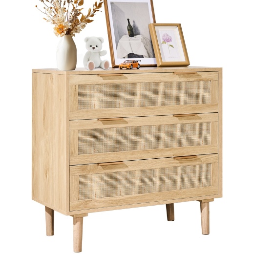 Vevor Rattan Drawer Dresser Natural Rattan Closet Dresser 3 Drawers For Bedroom