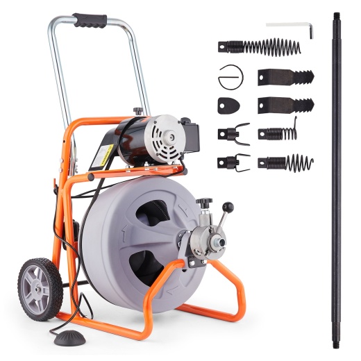 Vevor Drain Cleaner Machine 75Ft X 1/2 Inch Auto Feed With Wheels & 8 Cutters