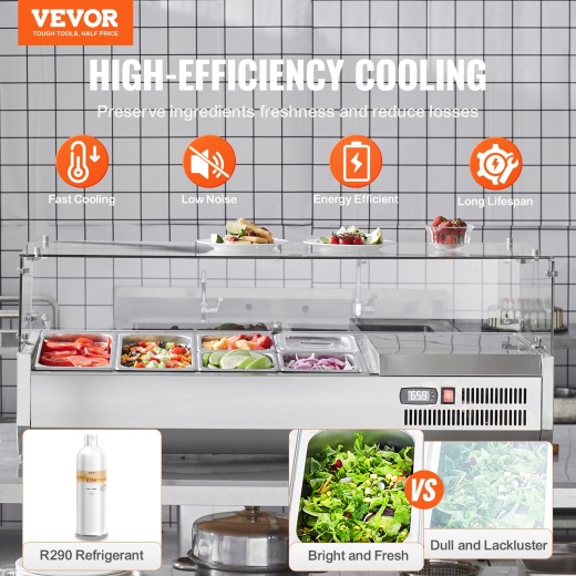 Vevor Refrigerated Condiment Prep Station - 135W Countertop Refrigerator for Sandwich Prep and Food Service