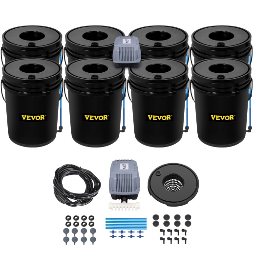 Vevor Dwc Hydroponic System, 5 Gallon 8 Buckets, Deep Water Culture Growing Bucket, Hydroponics Grow Kit With Pump, Air Stone And Water Level Device, For Indoor/Outdoor Leafy Vegetables