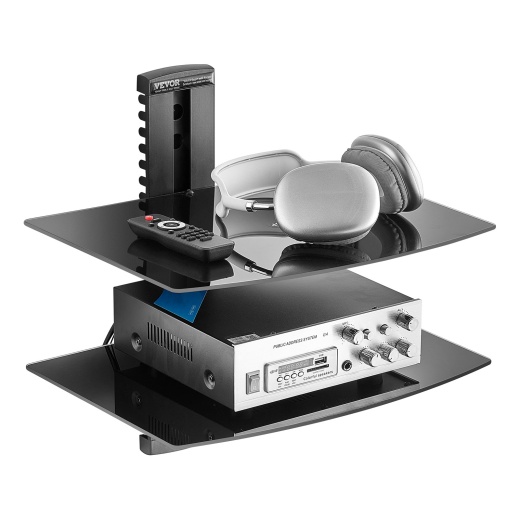 Vevor 2 Tiers Wall Mounted Av Media Stand Adjustable Floating Projector Shelf, Design 2-Tier Av Media Stand Corner Shelf For Record Player Stereo Cabinet Audio Rack Tower With Height Adjustable Shelves, Living Room Storage, Corner Entertainment Center, Black