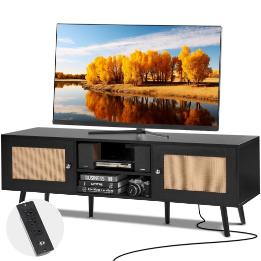 Vevor Rattan TV Stand for 65 Inch TV - Modern Boho Entertainment Center