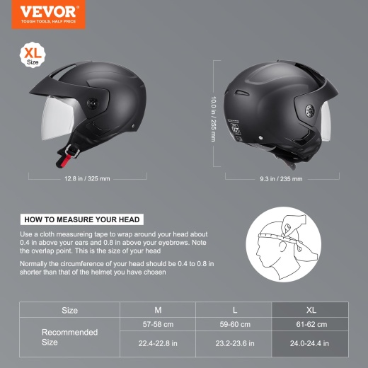 Vevor 3/4-Face Motorcycle Helmet Motocross Helmet With Bluetooth Communication