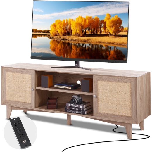 Vevor Rattan TV Stand - Mid Century Modern Boho Rattan TV Cabinet for 75 Inch TV