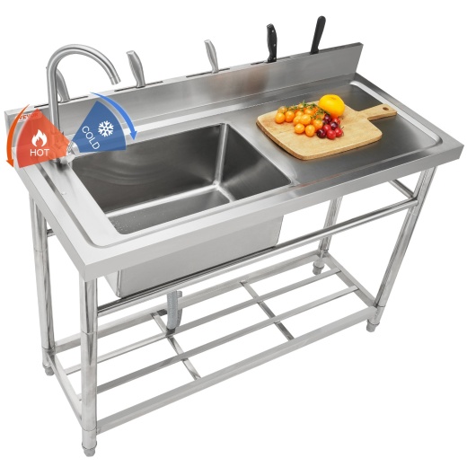 Vevor Stainless Steel Utility Sink, Free Standing Single Bowl Commercial Kitchen Sink Set w/Workbench