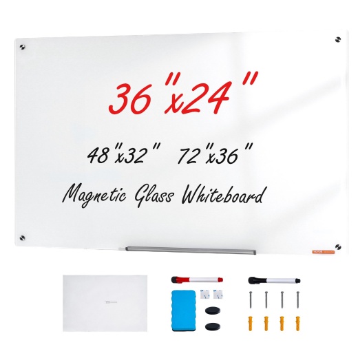 Vevor Magnetic Glass Whiteboard, 36"x24" Dry Erase Board, Wall-Mounted White Glassboard with Accessories