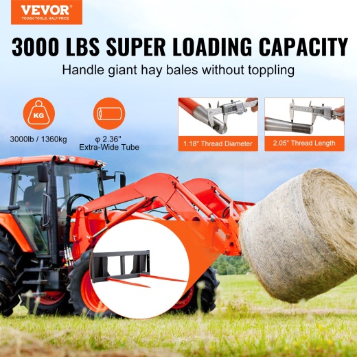 Vevor 49" Hay Spear - Bale Spears Tractor Attachment for Skid Steer Loader
