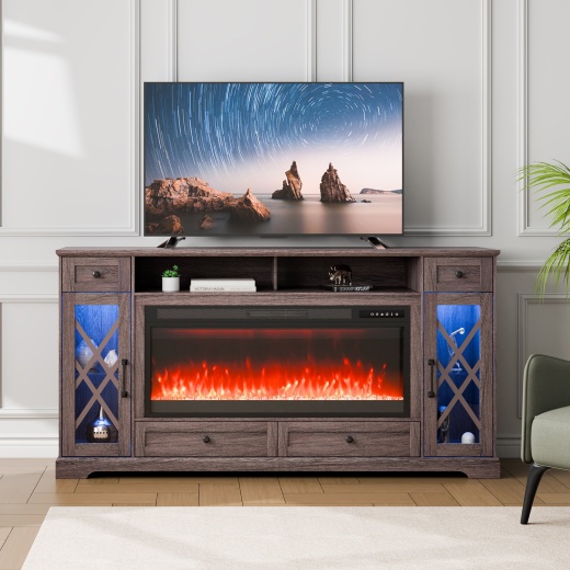 Vevor Fireplace Tv Stand For Tvs 70", Media Storage Corner With 42" Fireplace, Storage Drawers & Cabinets, Pastoral Tv Console Table With 20 Led Lights, Remote Control And Timer For Living Room, Grey