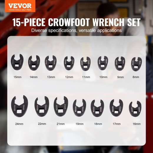 Vevor Crowfoot Wrench Set 1/2'' and 3/8'' Drive 15-Piece Crows Foot Wrench Set